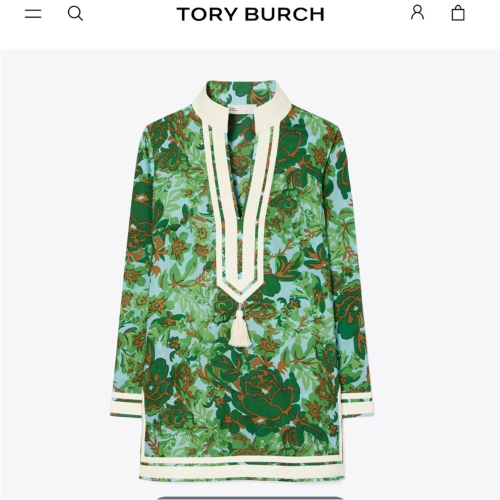 Tory Burch Blue and Green Floral Tunic with Ivory Trim